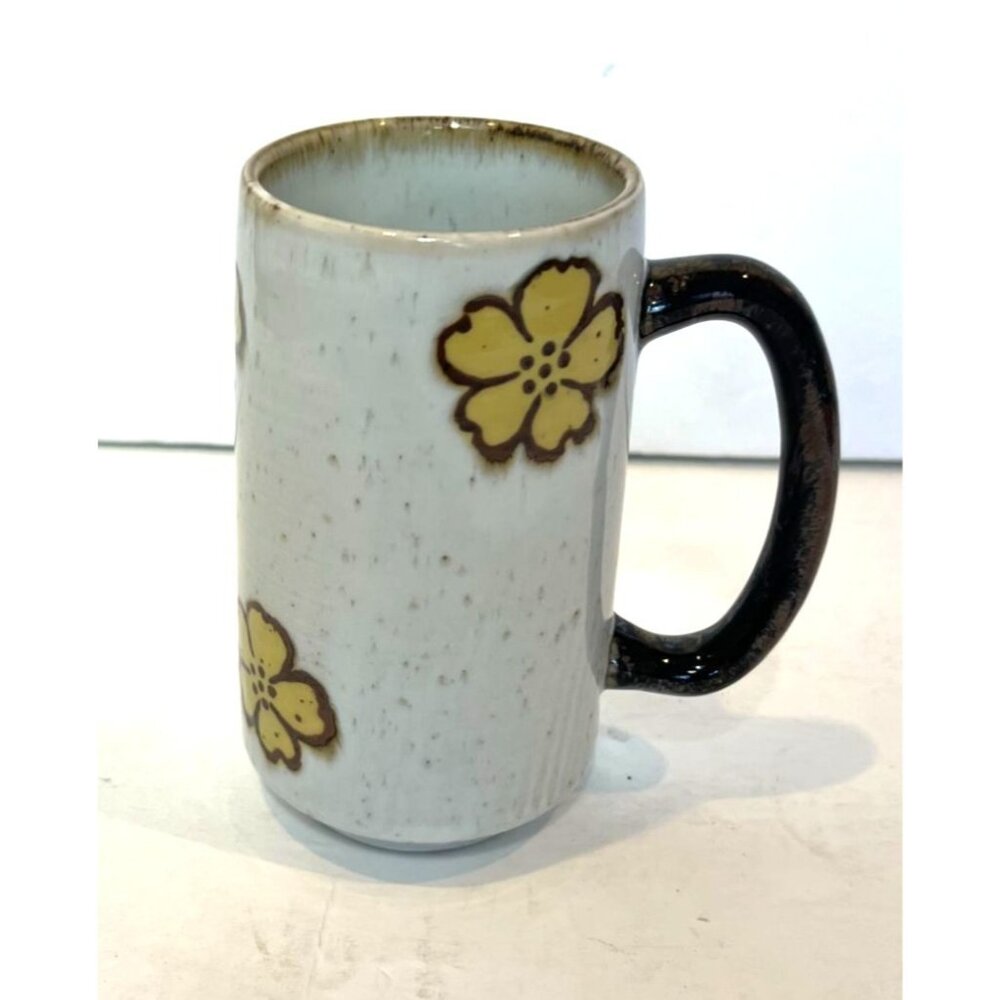 Vintage Otagiri Floral Mug Crackle Glaze Yellow Flowers With Black Handle Japan